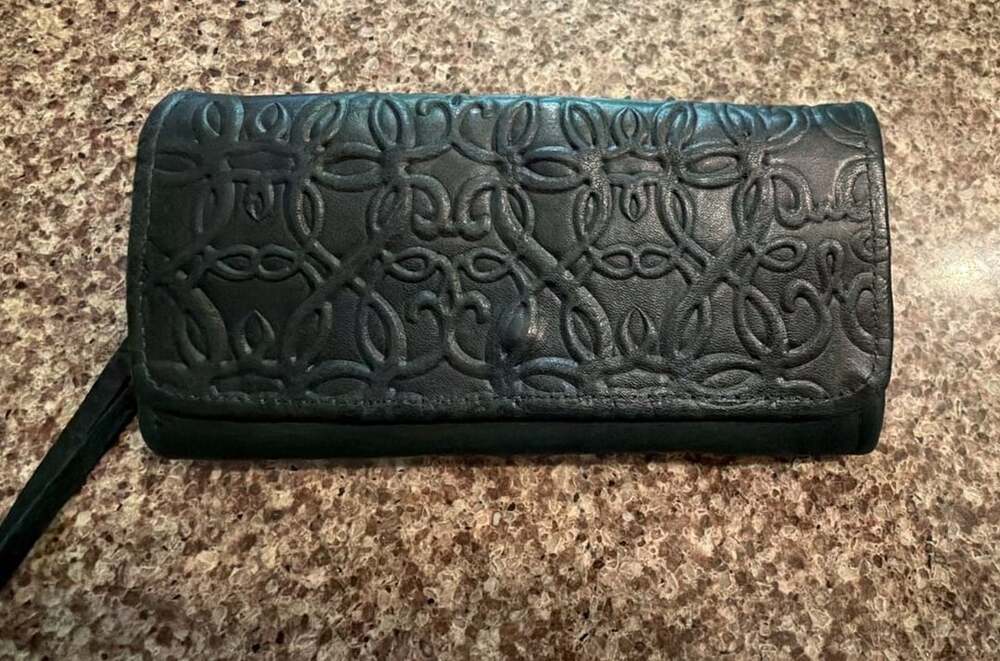 Alex and Ani Black Leather Accordion Wallet Embossed Geometric Print